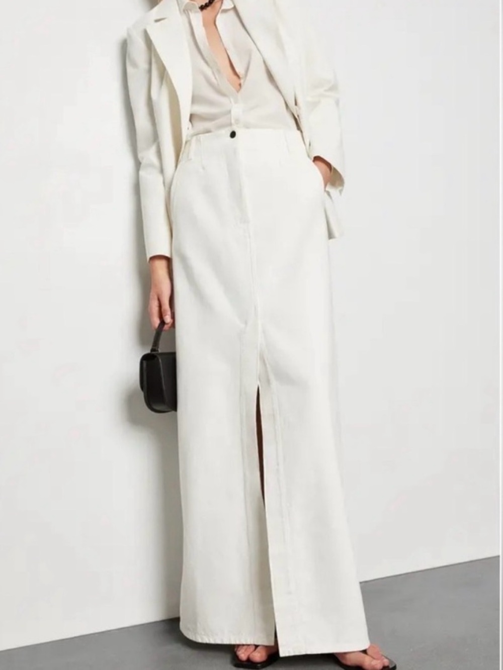 Minimalist White Maxi Skirt with Center Front Slit